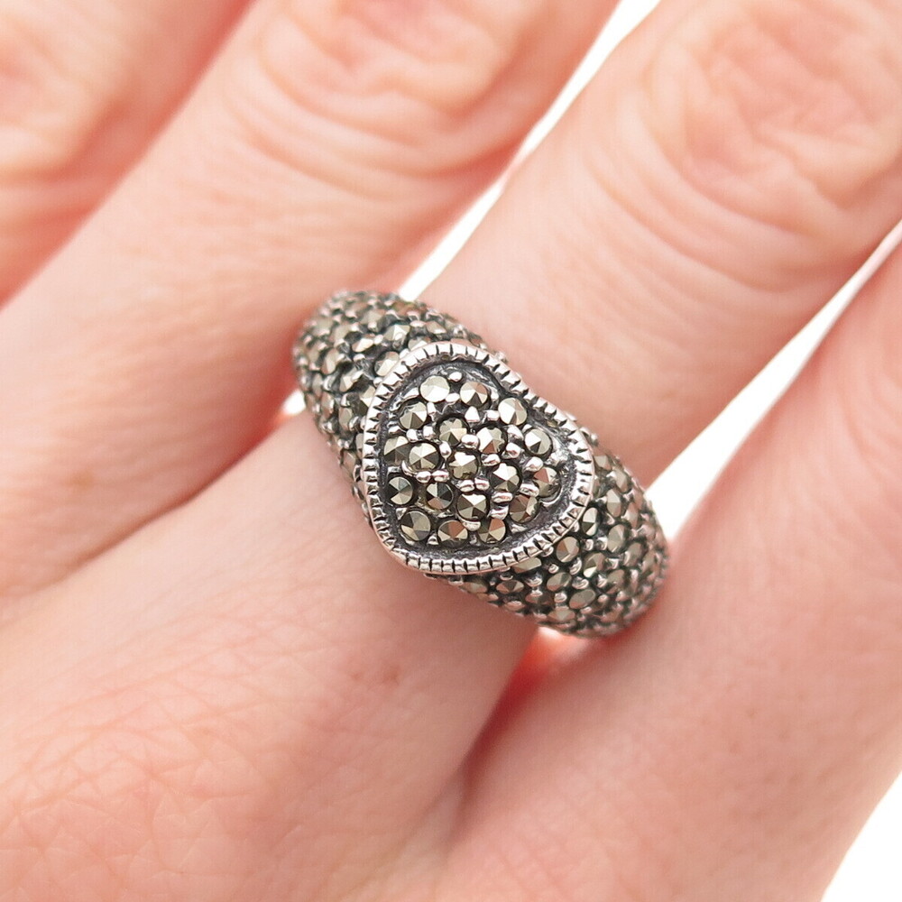 925 Sterling Silver Vintage Real Marcasite Heart Oxidized Ring Size 8